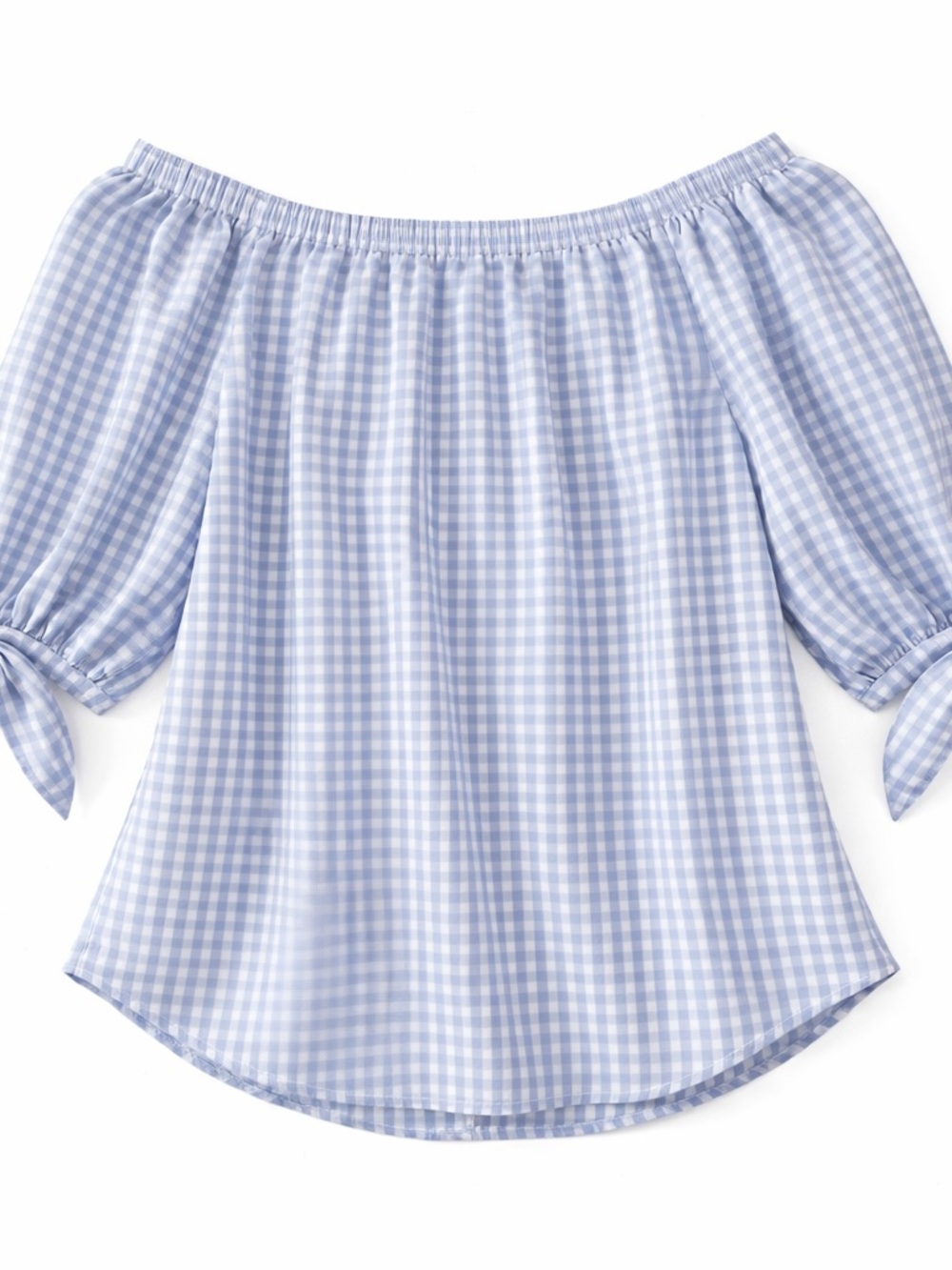 Light Blue Gingham Off-Shoulder Tie-Sleeve Tunic
